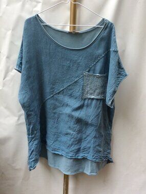 100% Linen Front 100% Cotton Back Made in Italy Blue Boho Blouse 3X